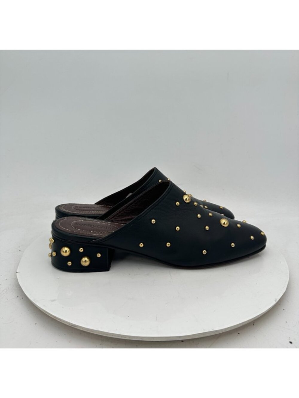 See By Chloe Women Size EU 39.5 US 9.5 Black Suede Gold Studded Mules Sandal - Picture 4 of 13